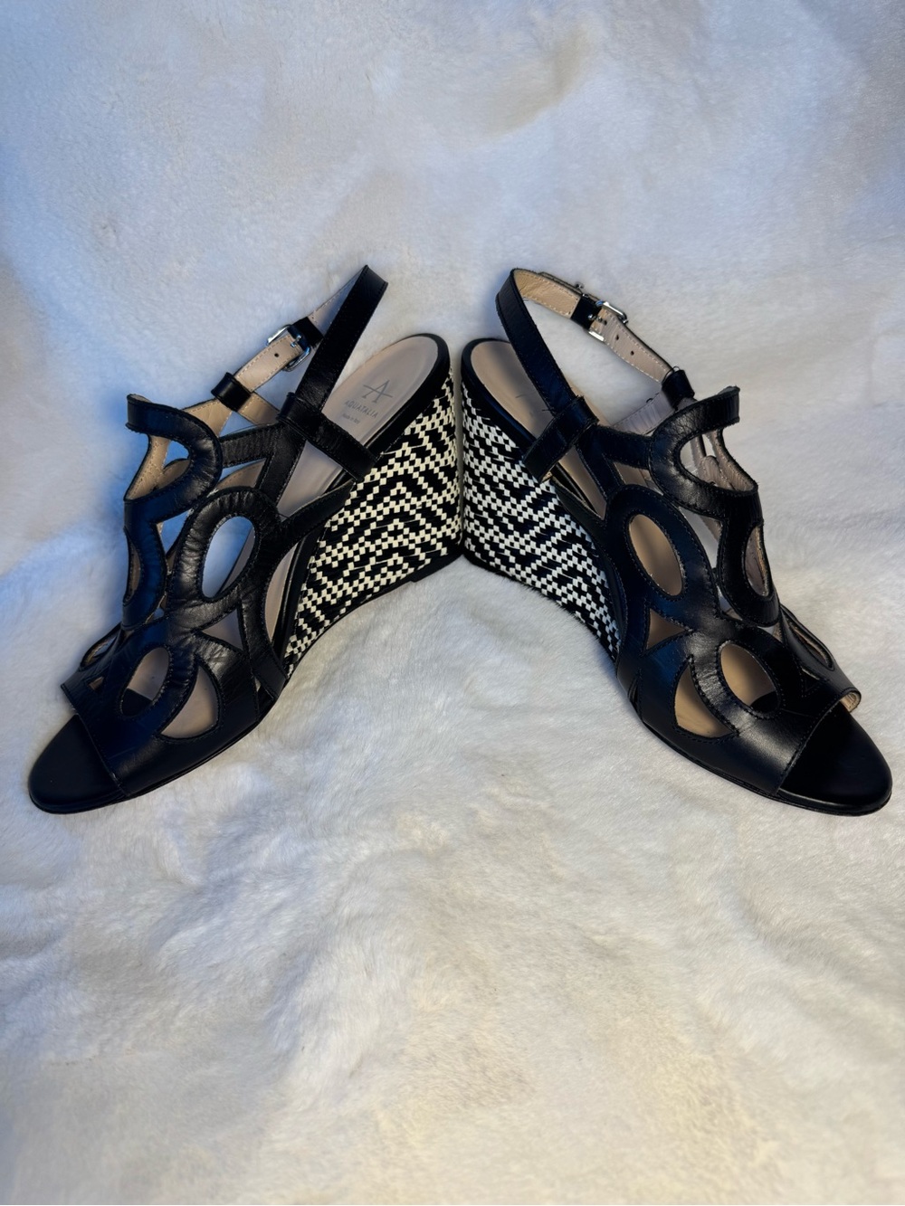 Aqua Talia Black Cutout Wedge Sandals with Patterned Heel Size 7